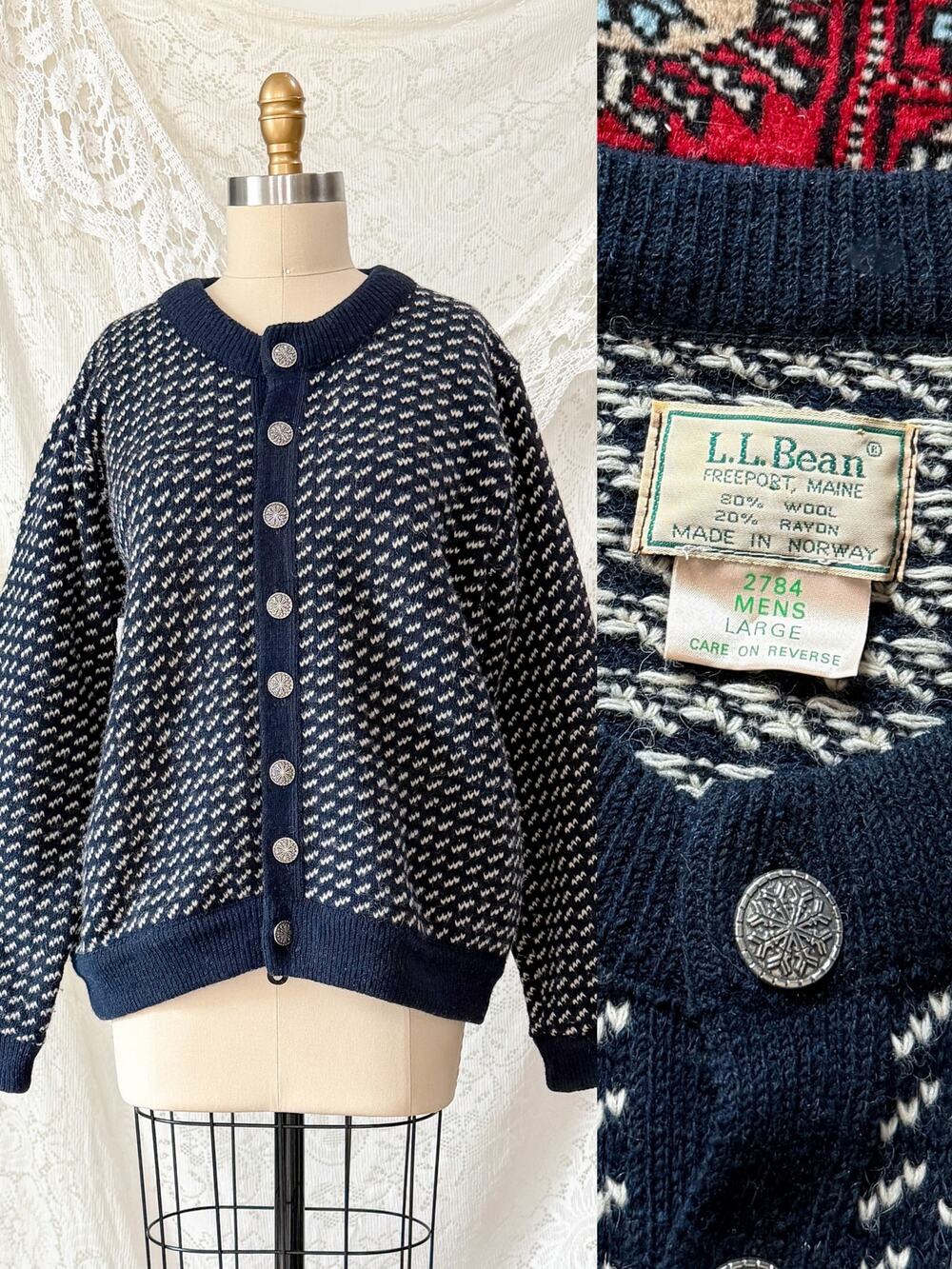 Vintage L.L.Bean Norwegian Wool Cardigan Sweater Navy Fair Isle Sweater